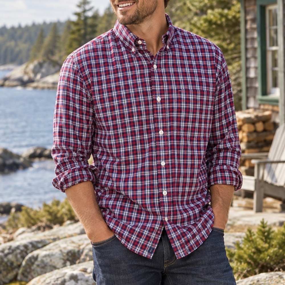LL Bean Mens L-Tall Traditional Fit Plaid Button Down Shirt Red Blue 506140 C2